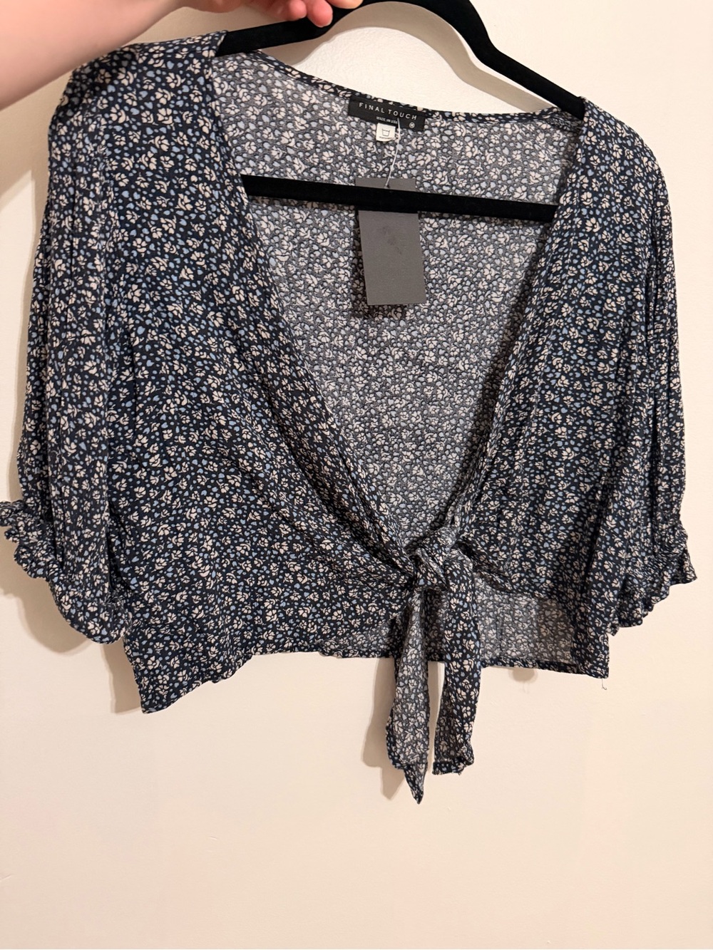 Final Touch Navy Floral Tie-Front Crop Blouse